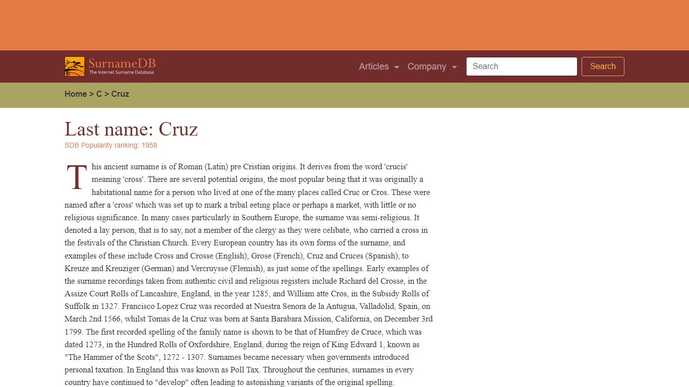 Surname Database: Cruz Last Name Origin